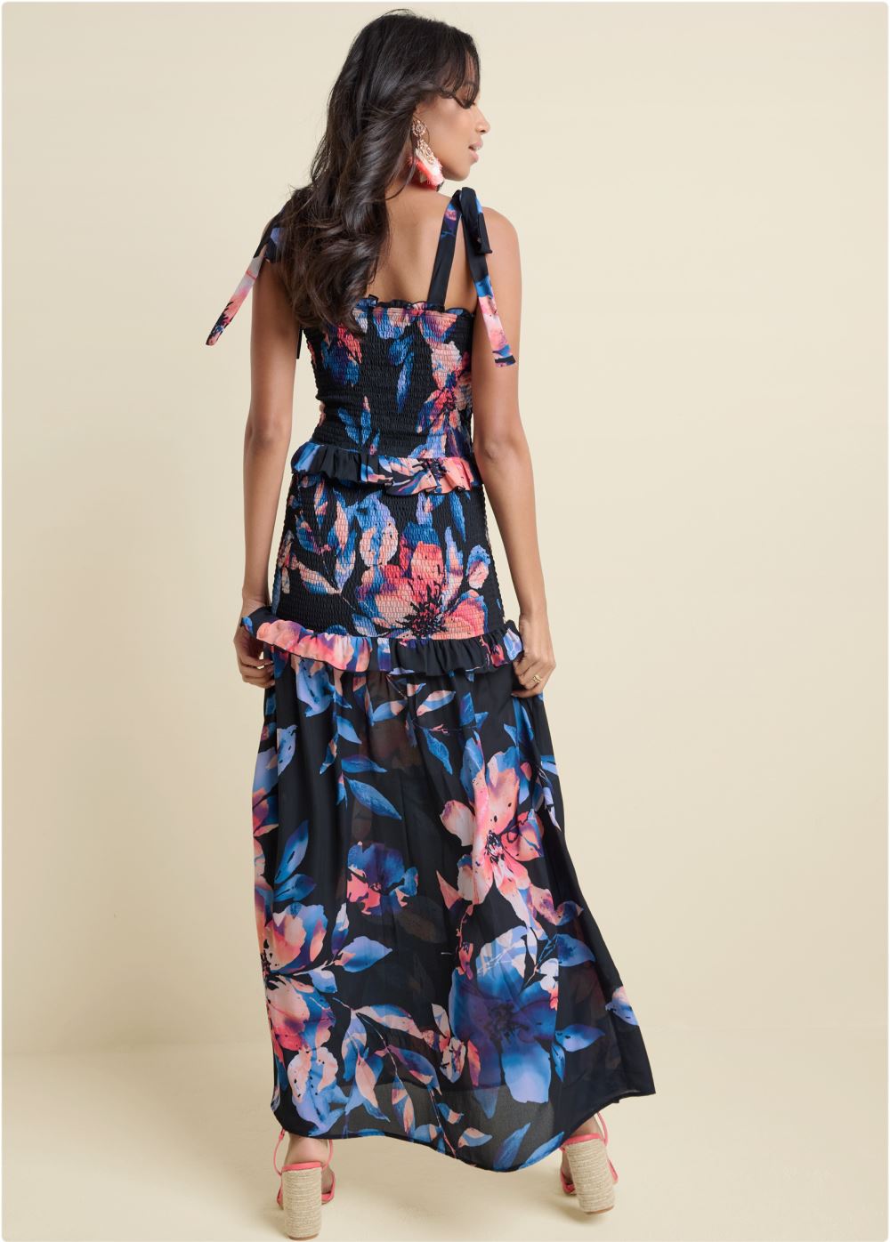 Venus Smocked Floral Print Dress - Black Multi