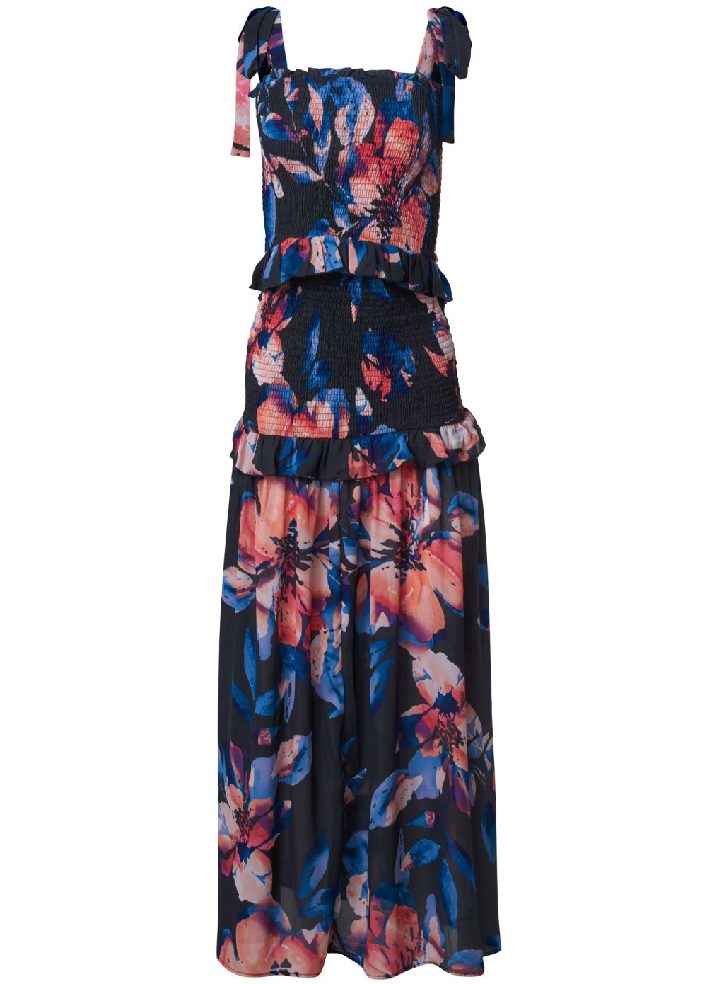 Venus Smocked Floral Print Dress - Black Multi