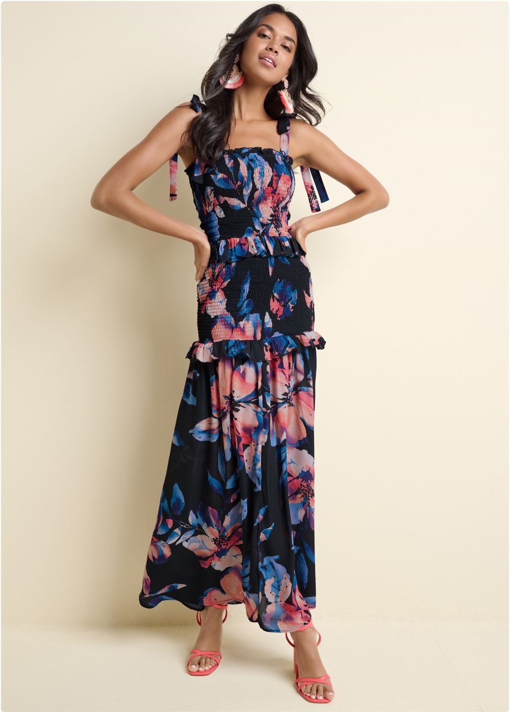 Venus Smocked Floral Print Dress - Black Multi