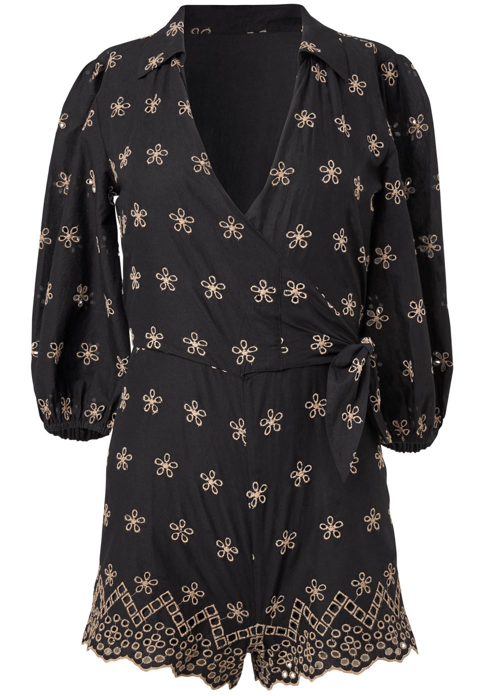Venus Eyelet Wrap Tie Romper in Black & Taupe