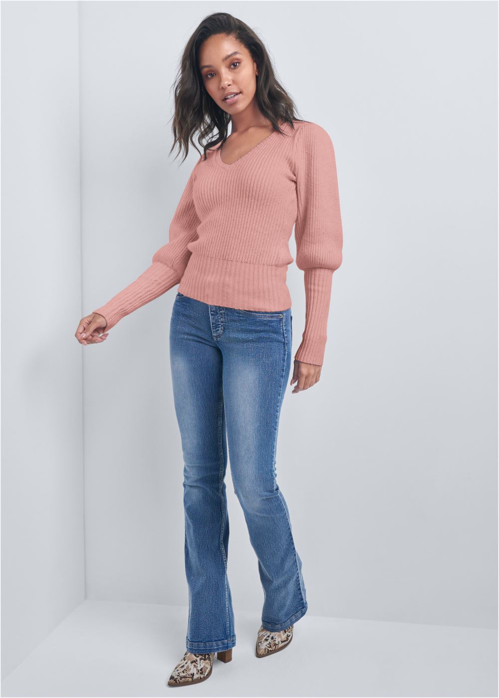 Venus VENUS | Ribbed V-Neck Sweater in Dusty Pink