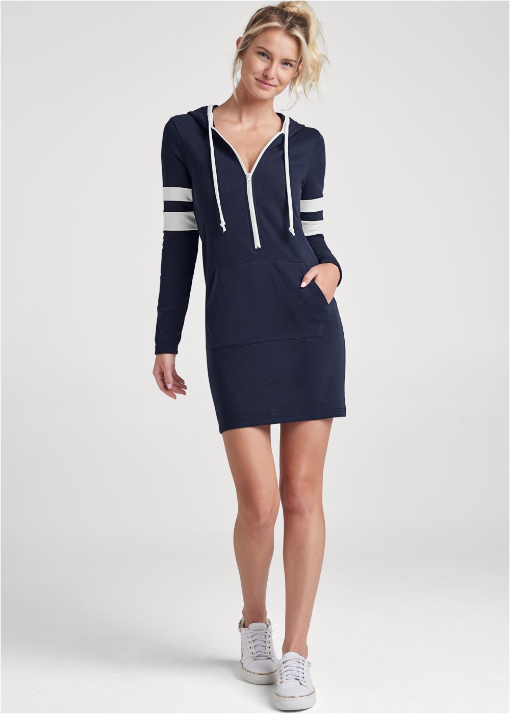 Venus Striped Zipper Front Dress - Navy & White
