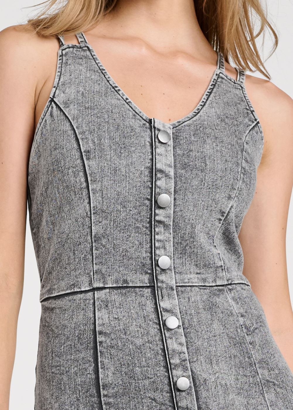 Venus Button Front Denim Dress - Grey Washed Denim