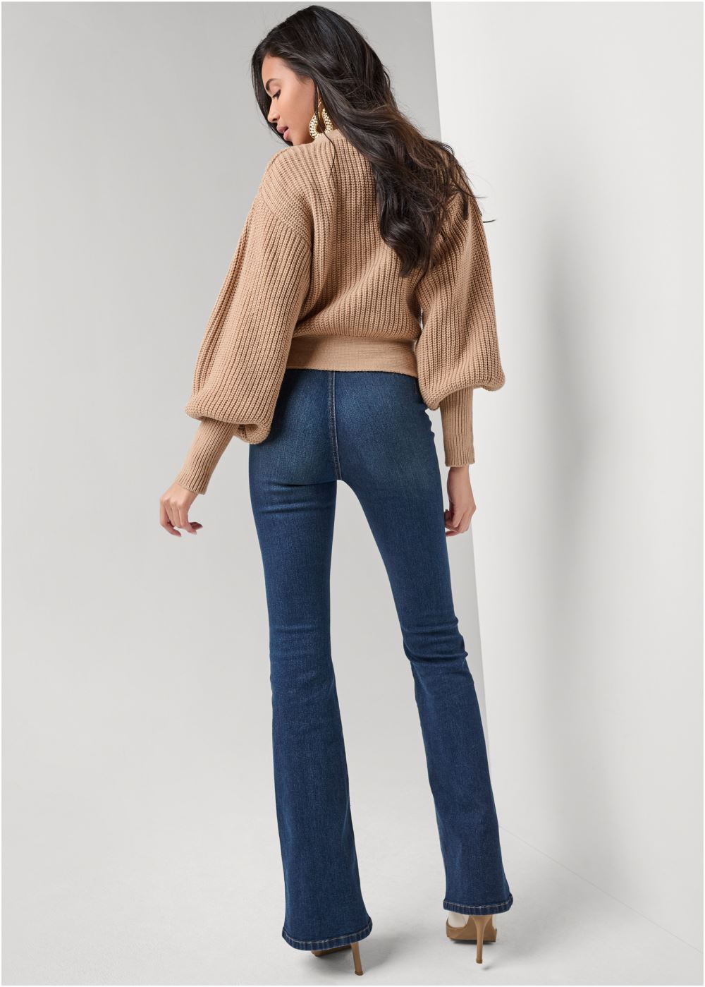 Venus VENUS | Wrap Balloon Sleeve Sweater in Light Brown