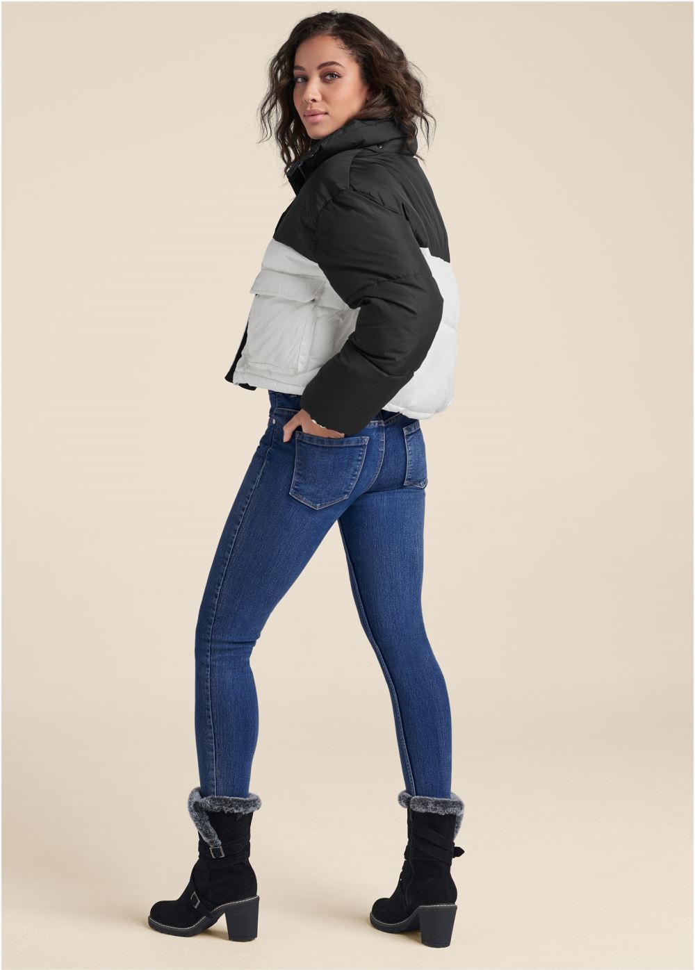 Venus Color Block Puffer Jacket in Black & White