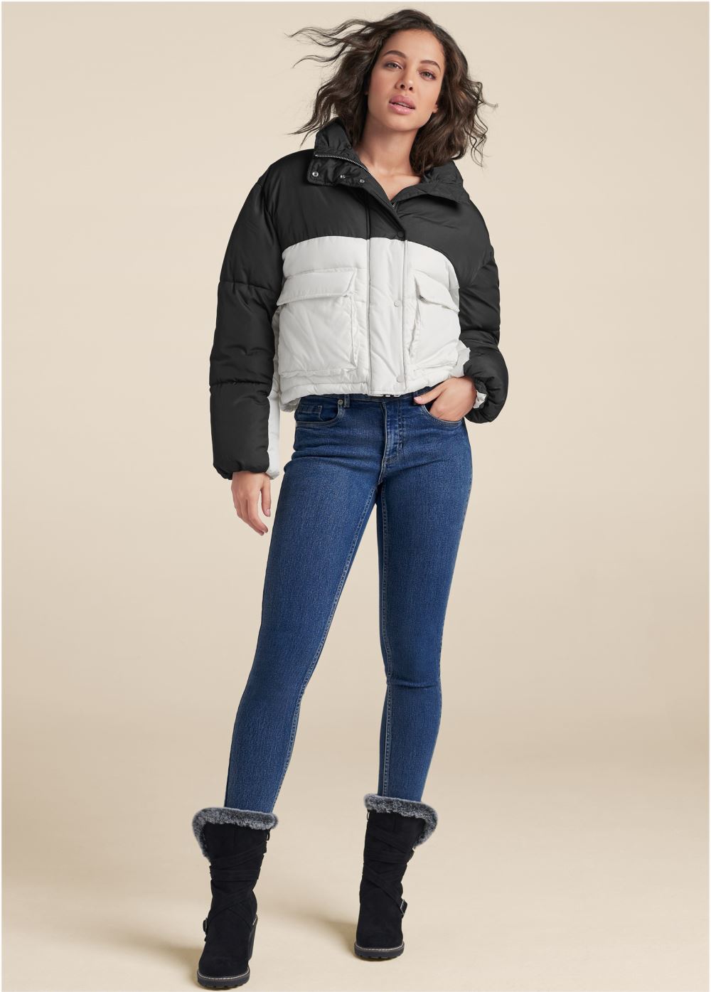 Venus Color Block Puffer Jacket in Black & White