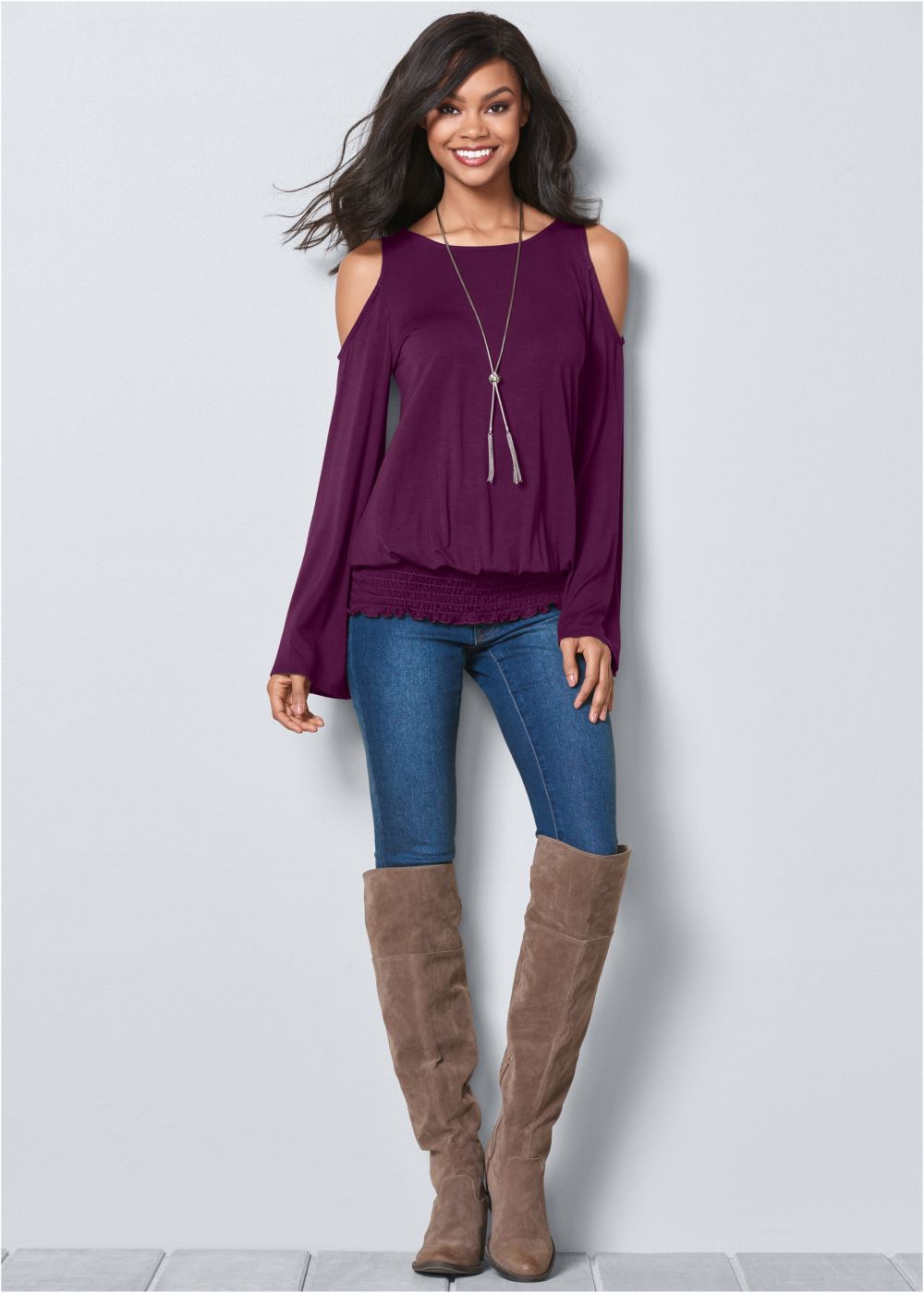 Venus Cold-Shoulder Blouson Top in Dark Purple