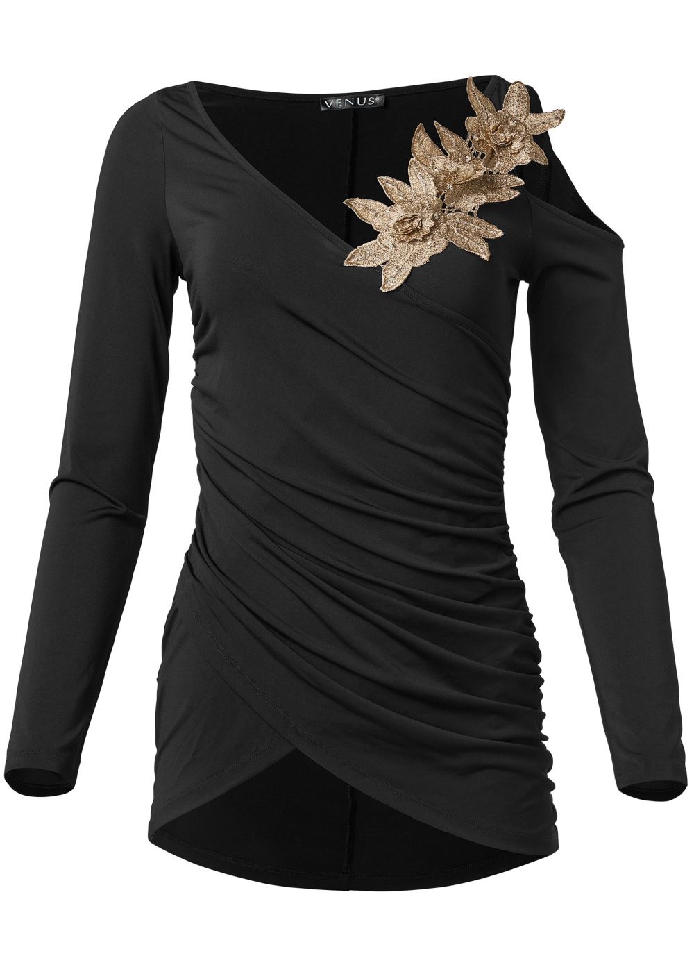 Venus Floral Applique Wrap Top in Black