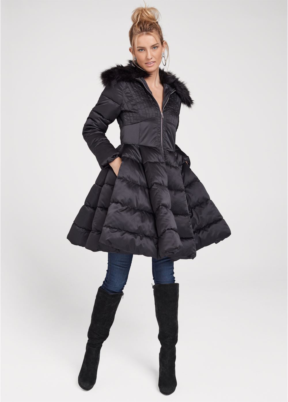 Venus Peplum Puffer Coat in Black