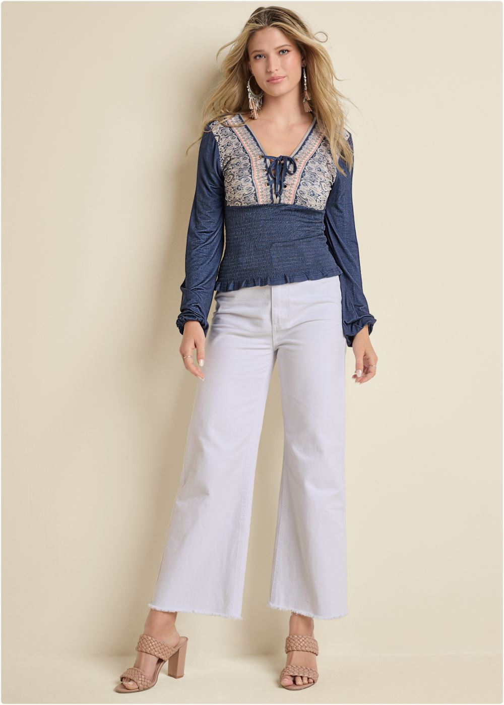 Venus Smocked Border Print Top in Blue Multi