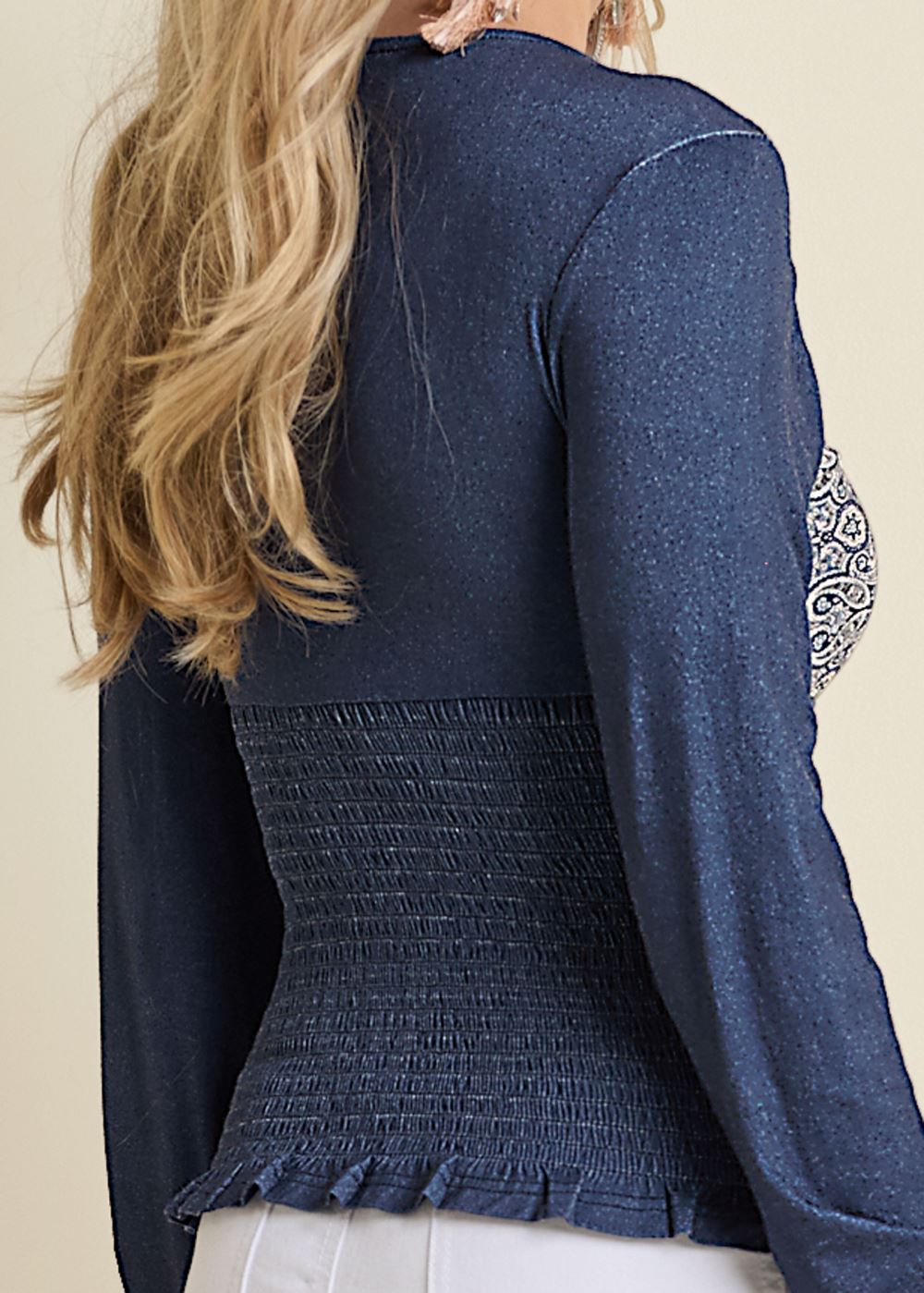 Venus Smocked Border Print Top in Blue Multi