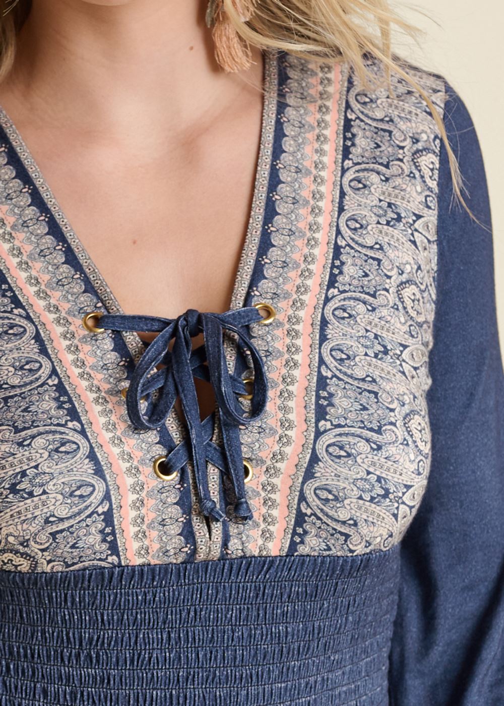 Venus Smocked Border Print Top in Blue Multi
