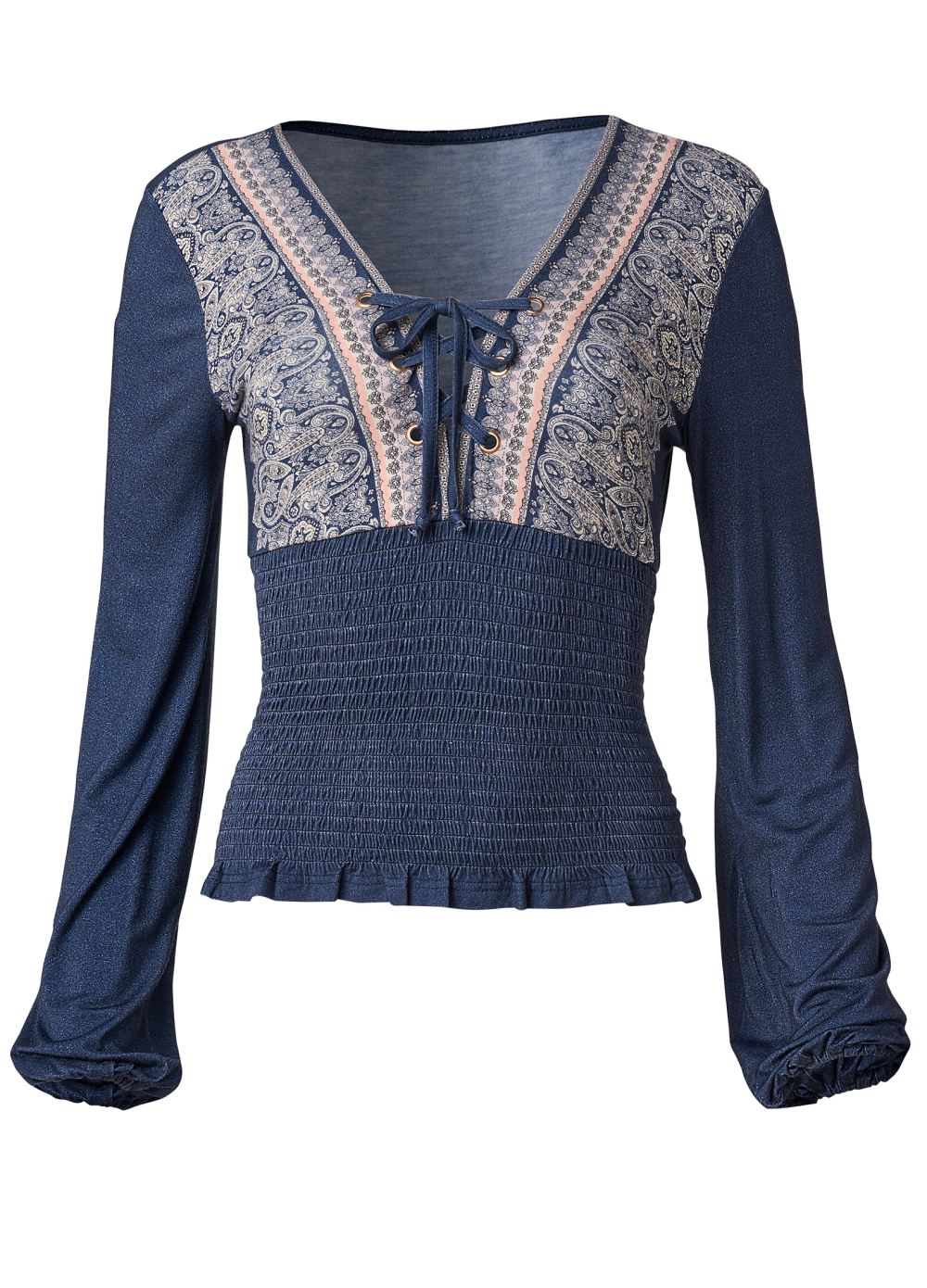 Venus Smocked Border Print Top in Blue Multi