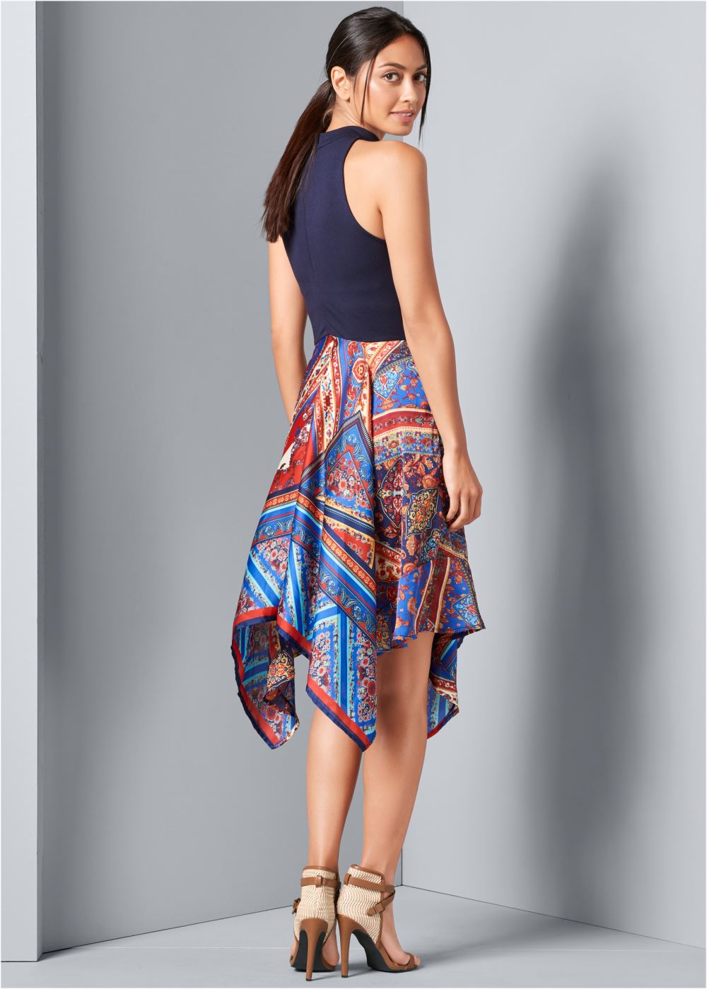 Venus Handkerchief Hem Dress - Navy Multi