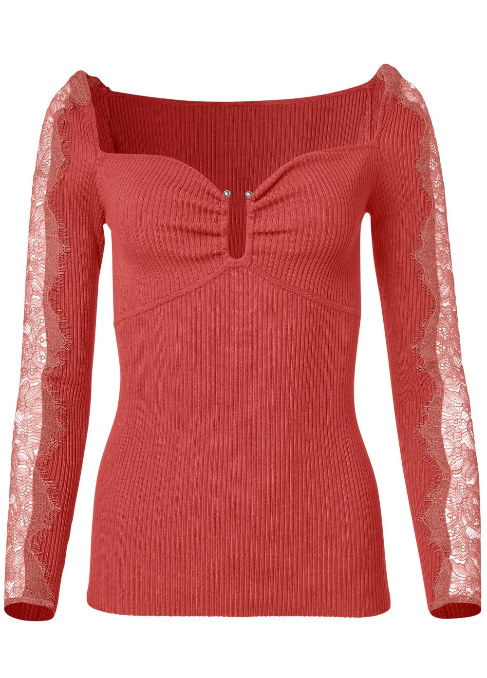 Venus VENUS | Lace Sleeve Ribbed Sweater in Red