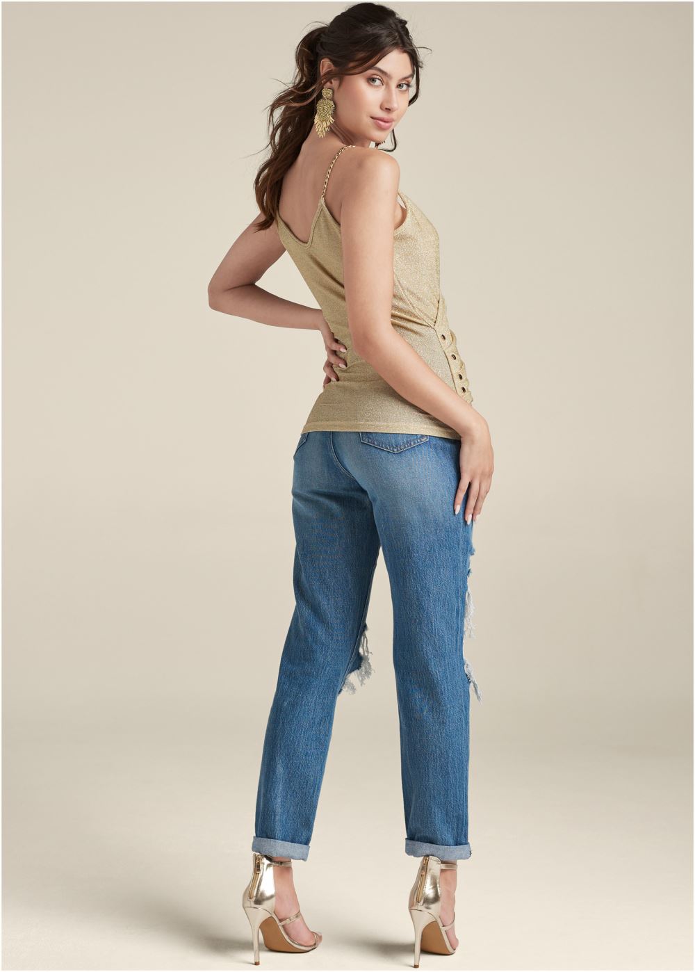 Venus Glitter Chain Strap Top in Gold Metallic