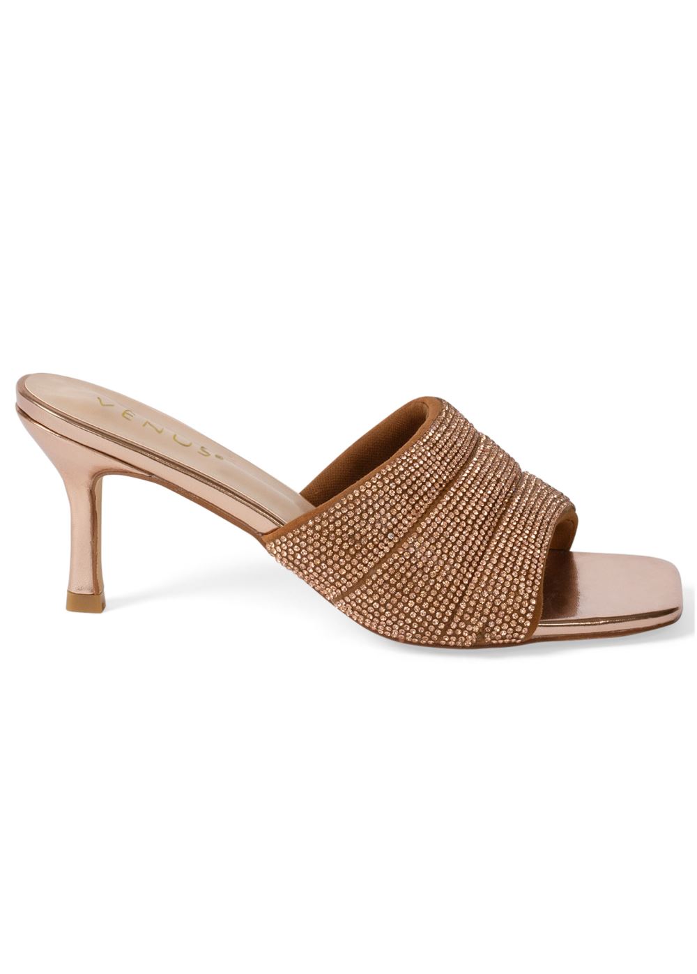 Venus Rhinestone Heeled Slides in Rose Gold