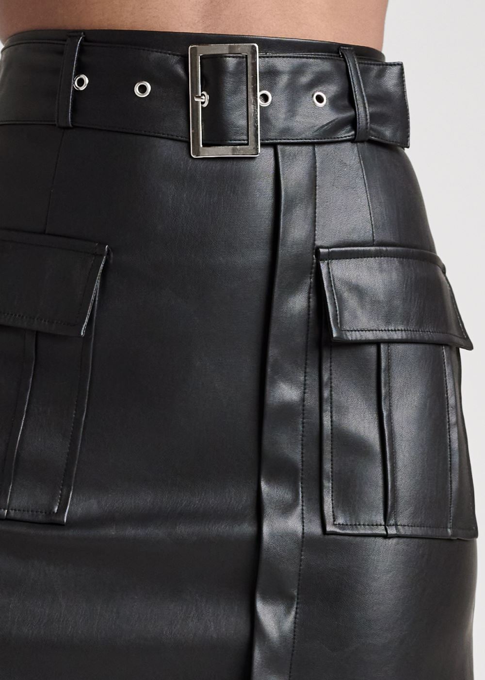 Venus Belted Lace Faux Leather Skirt - Black