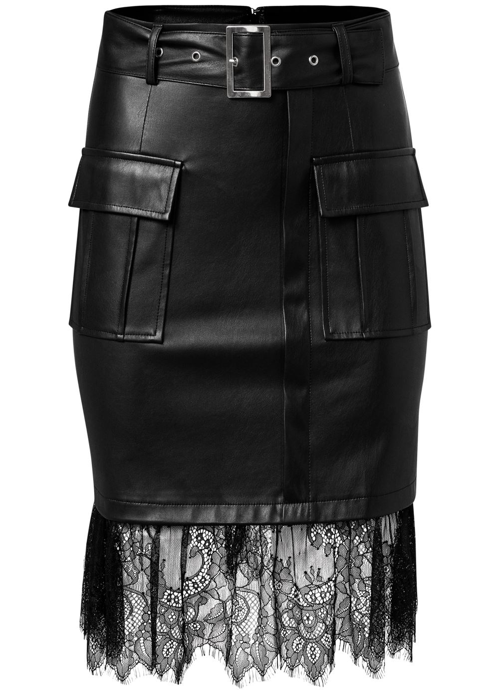 Venus Belted Lace Faux Leather Skirt - Black
