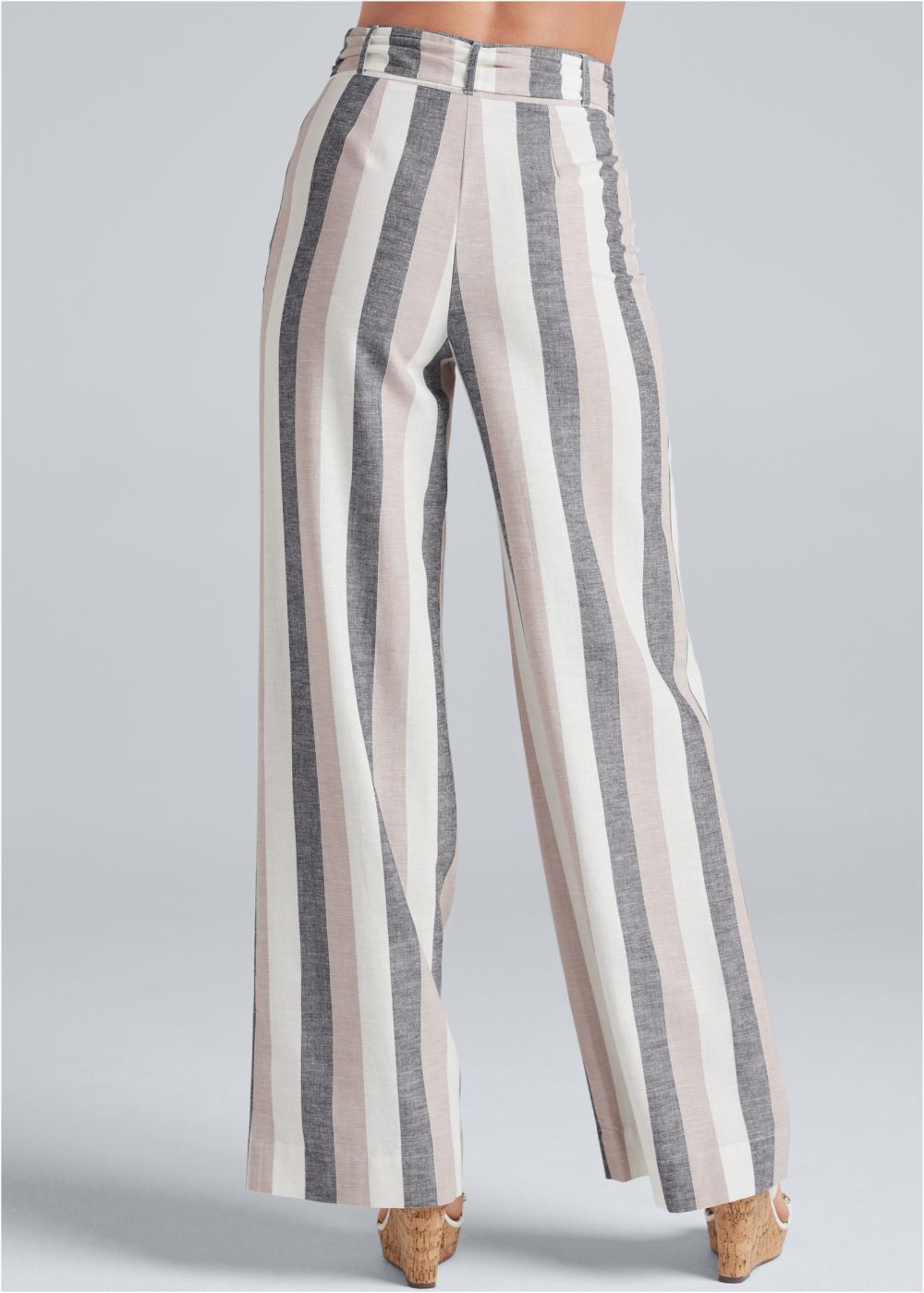 Venus White Multi Striped Wide Leg Linen Pants With Self Belt