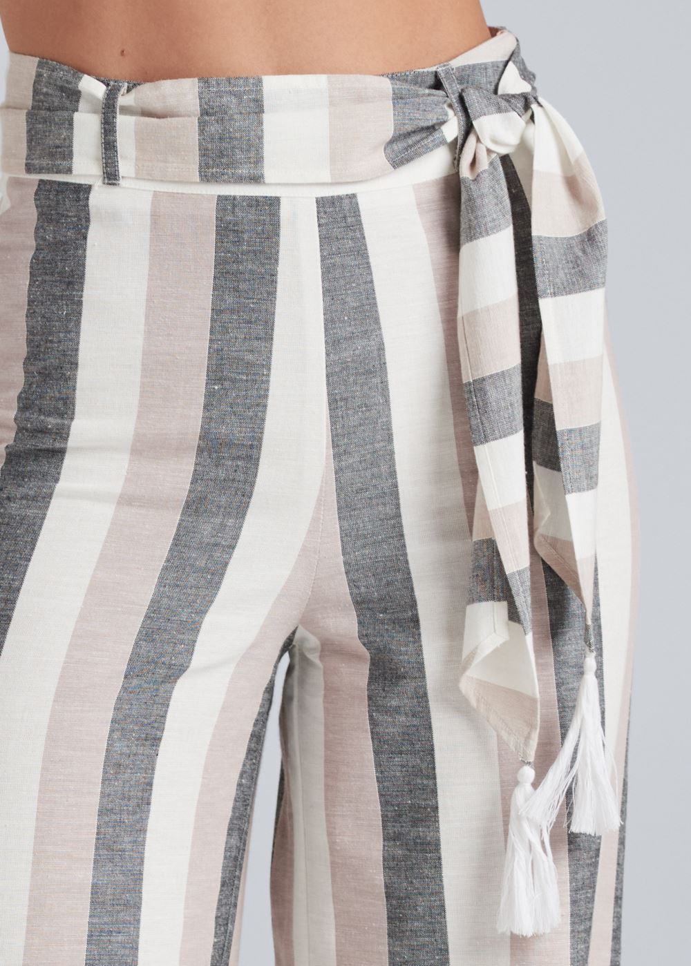 Venus White Multi Striped Wide Leg Linen Pants With Self Belt