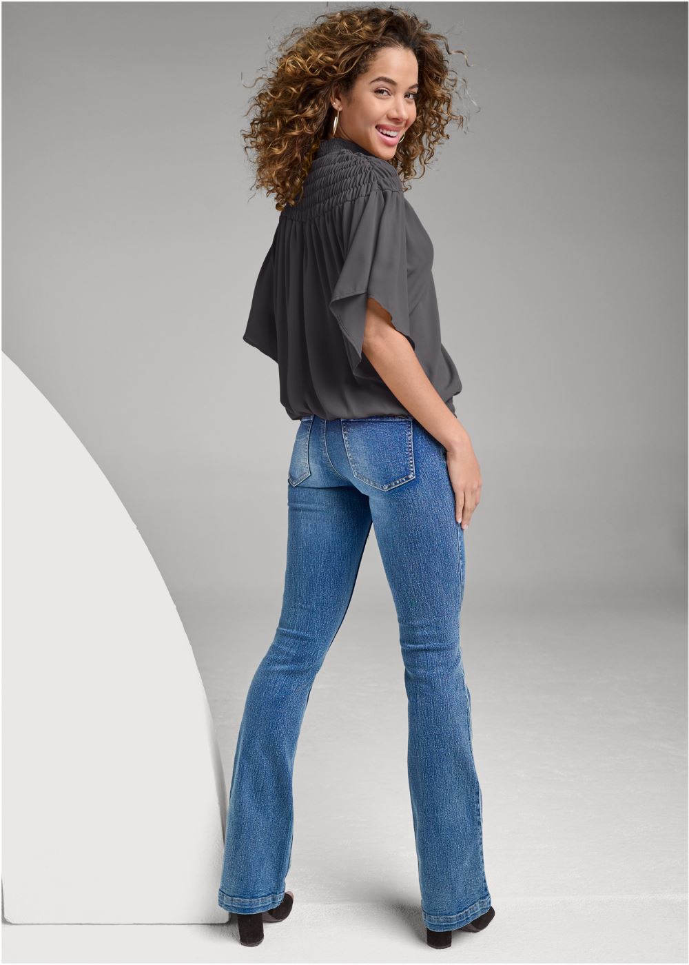 Venus Smocked Blouson Top in Dark Grey
