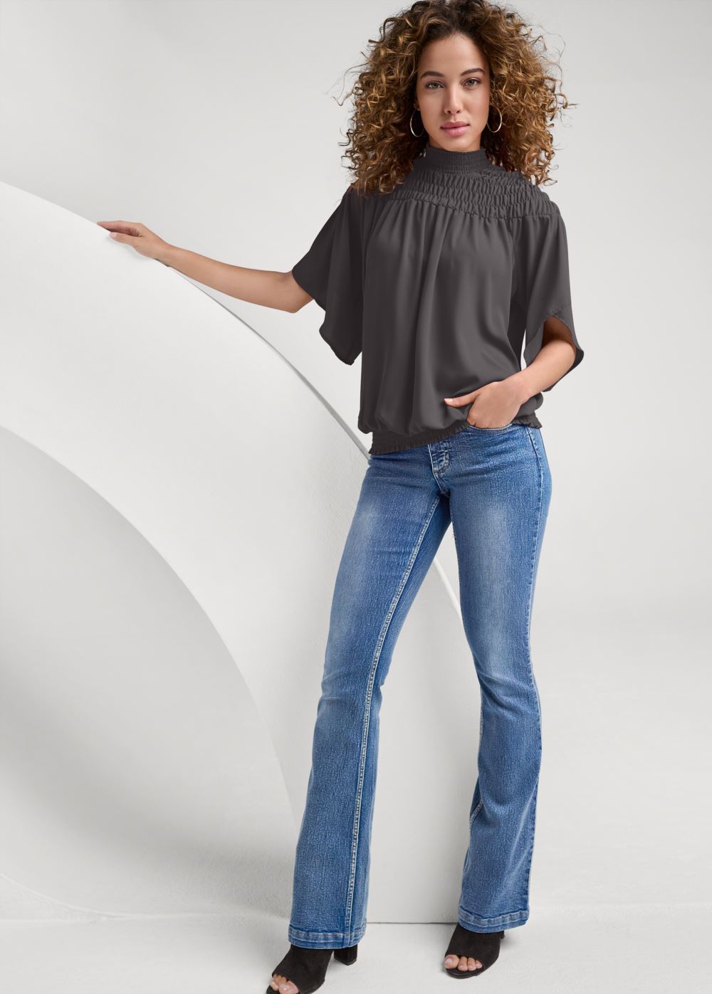 Venus Smocked Blouson Top in Dark Grey