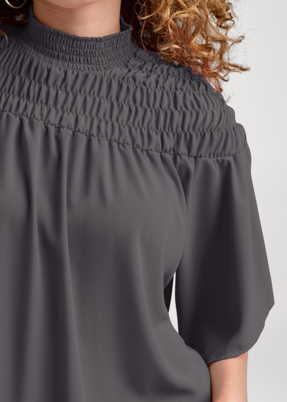 Venus Smocked Blouson Top in Dark Grey