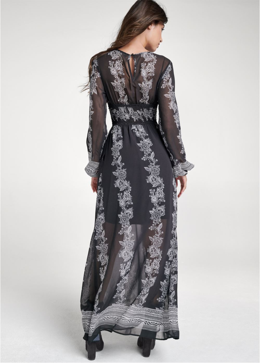 Venus Printed V-Neck Long Dress - Black & White