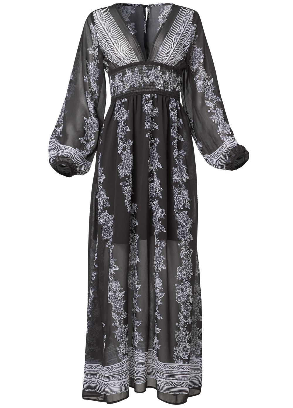 Venus Printed V-Neck Long Dress - Black & White