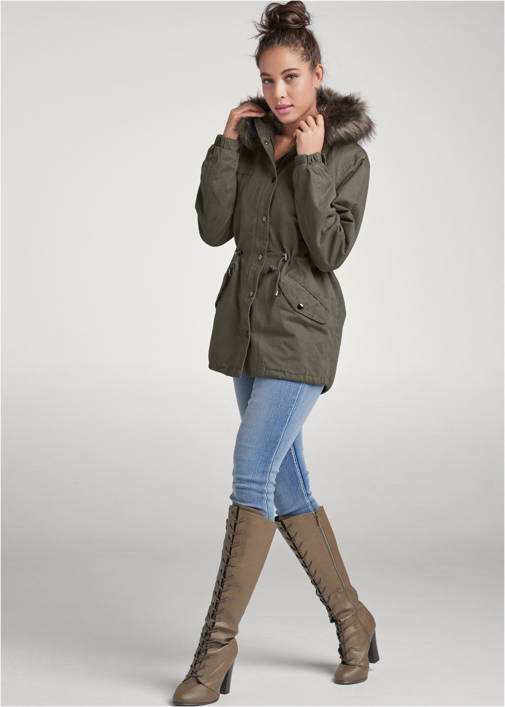 Venus Utility Coat With Faux Fur in Olive