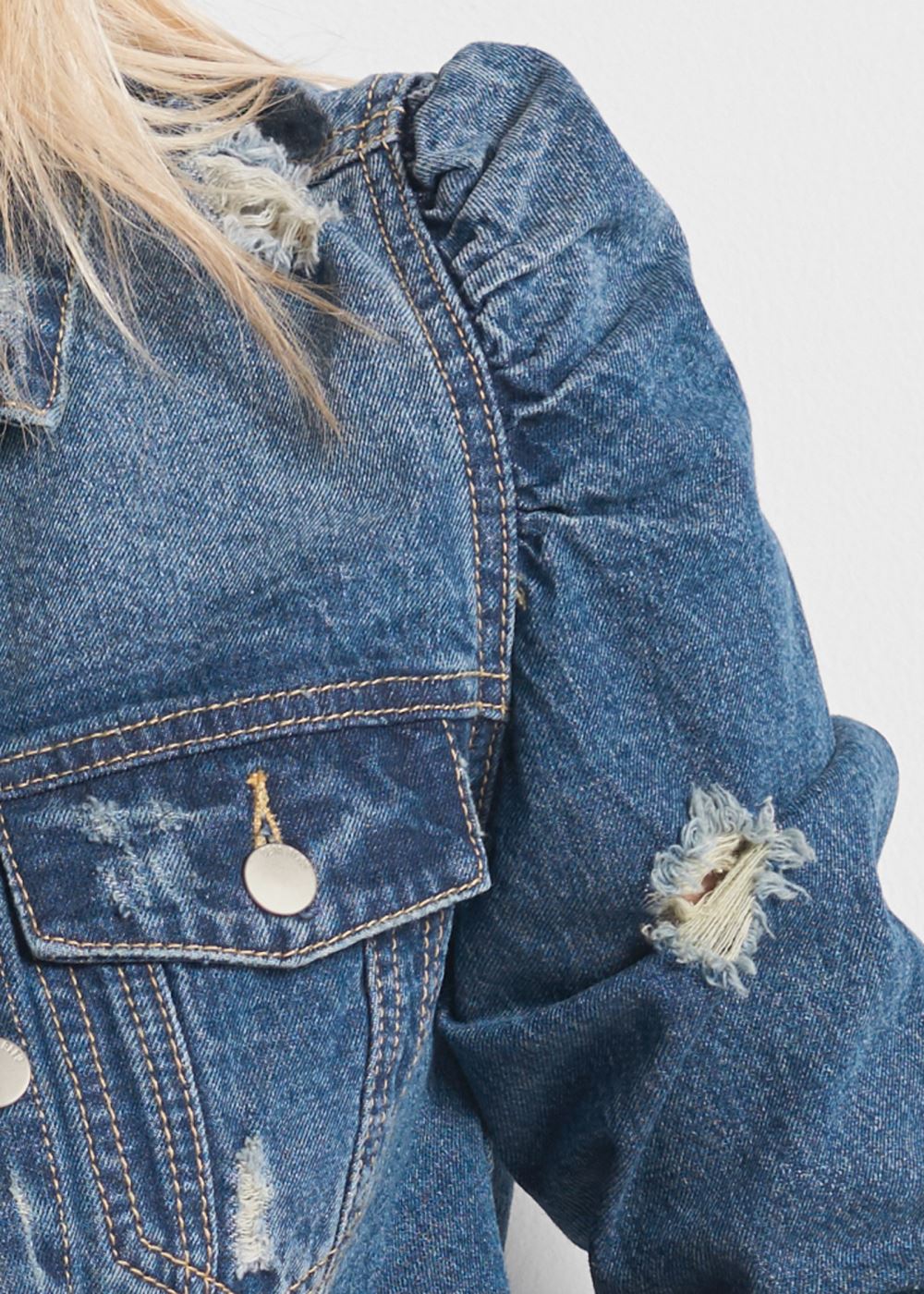 Venus Cropped Puff Sleeve Denim Jacket in Medium Wash