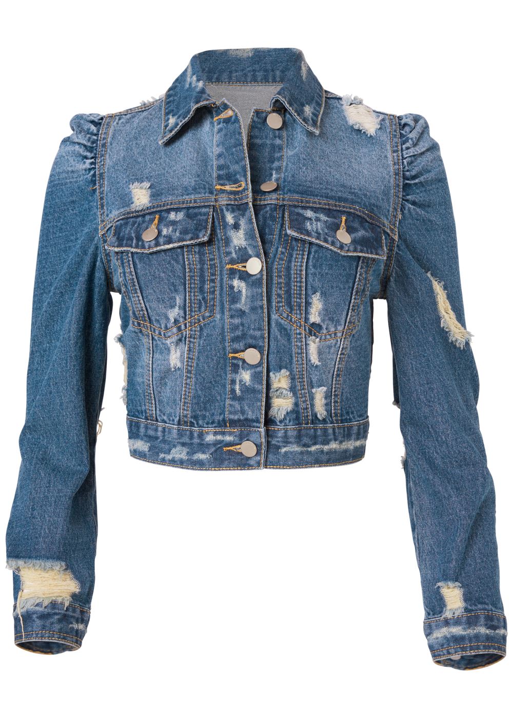 Venus Cropped Puff Sleeve Denim Jacket in Medium Wash
