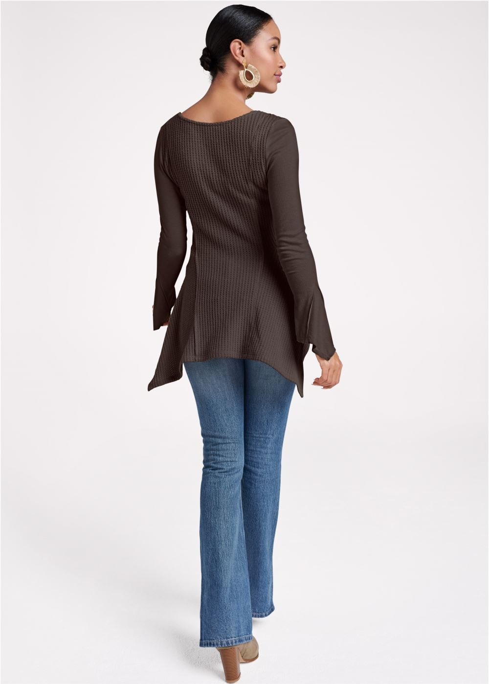 Venus Casual Waffle Knit Handkerchief Top in Dark Brown