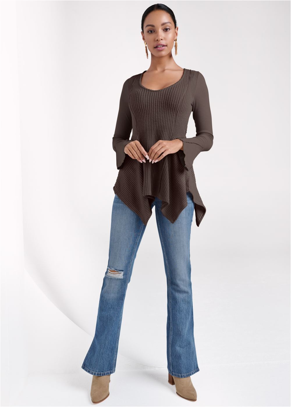 Venus Casual Waffle Knit Handkerchief Top in Dark Brown