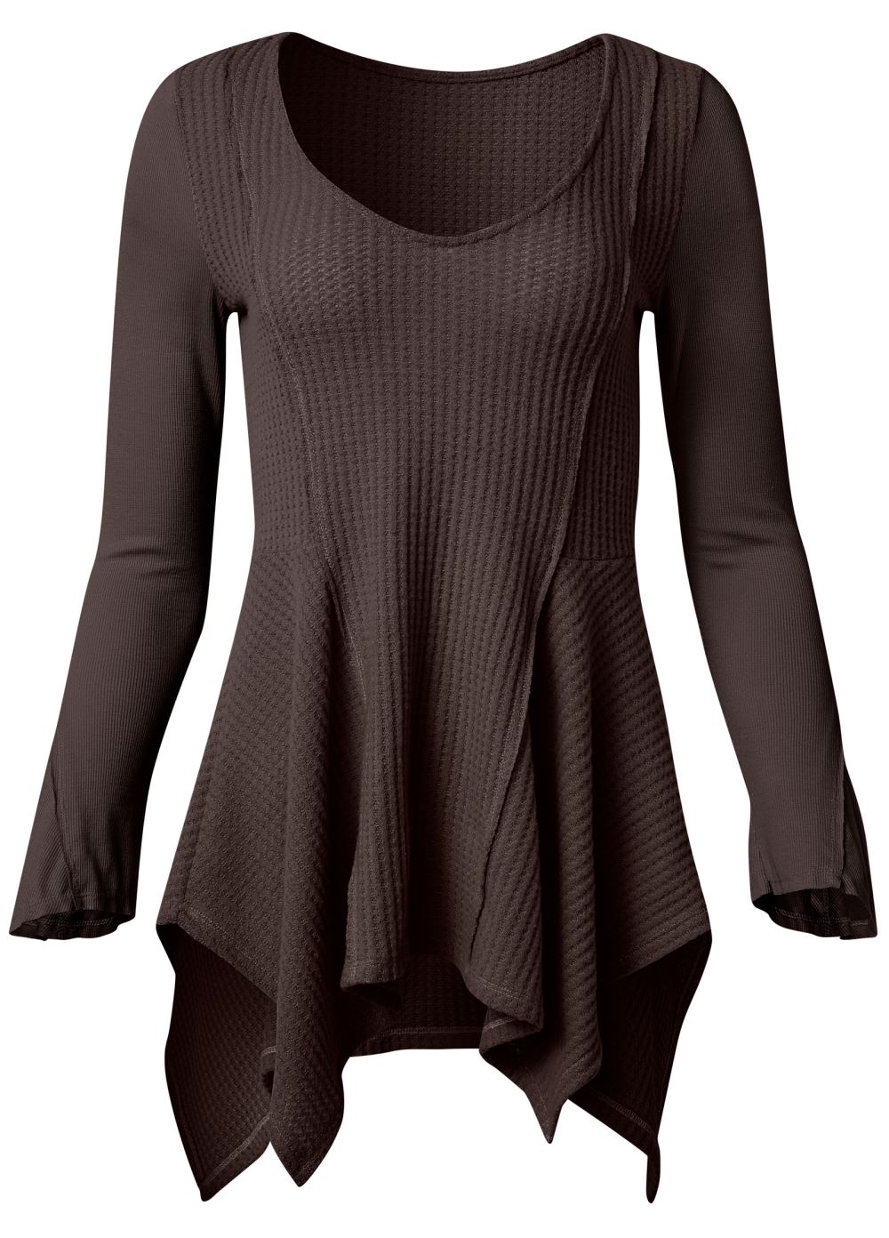 Venus Casual Waffle Knit Handkerchief Top in Dark Brown