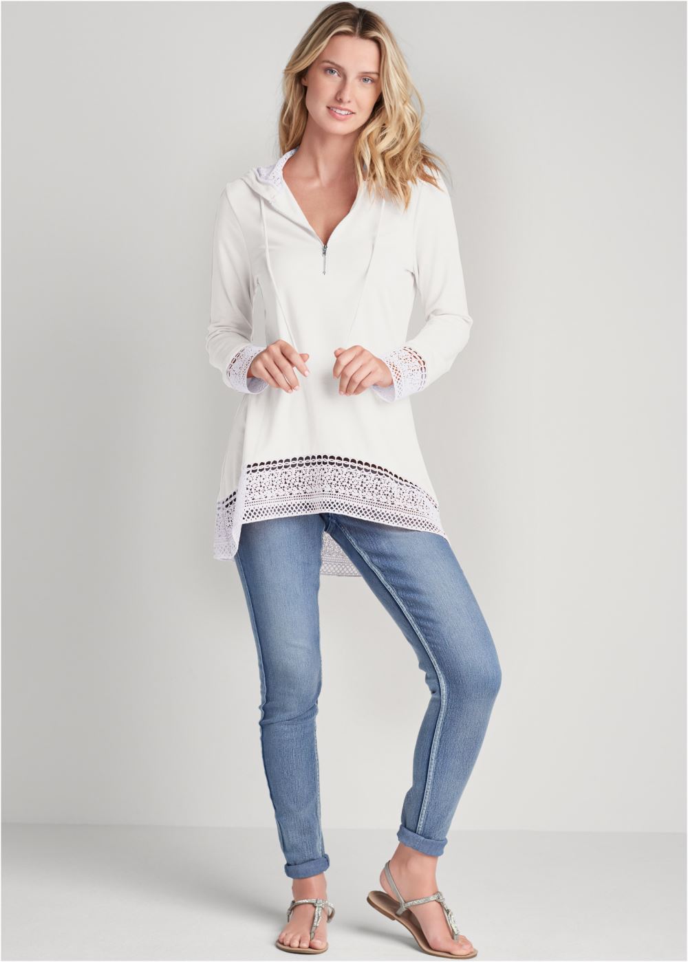 Venus Crochet Trim Zipper Hoodie in Off White