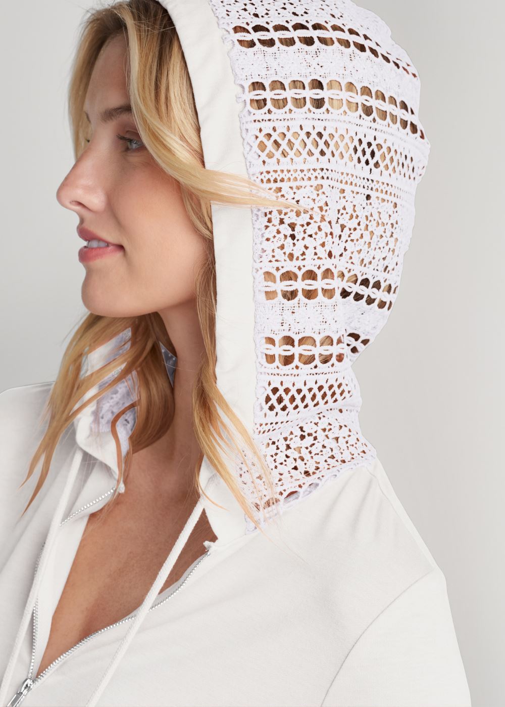 Venus Crochet Trim Zipper Hoodie in Off White