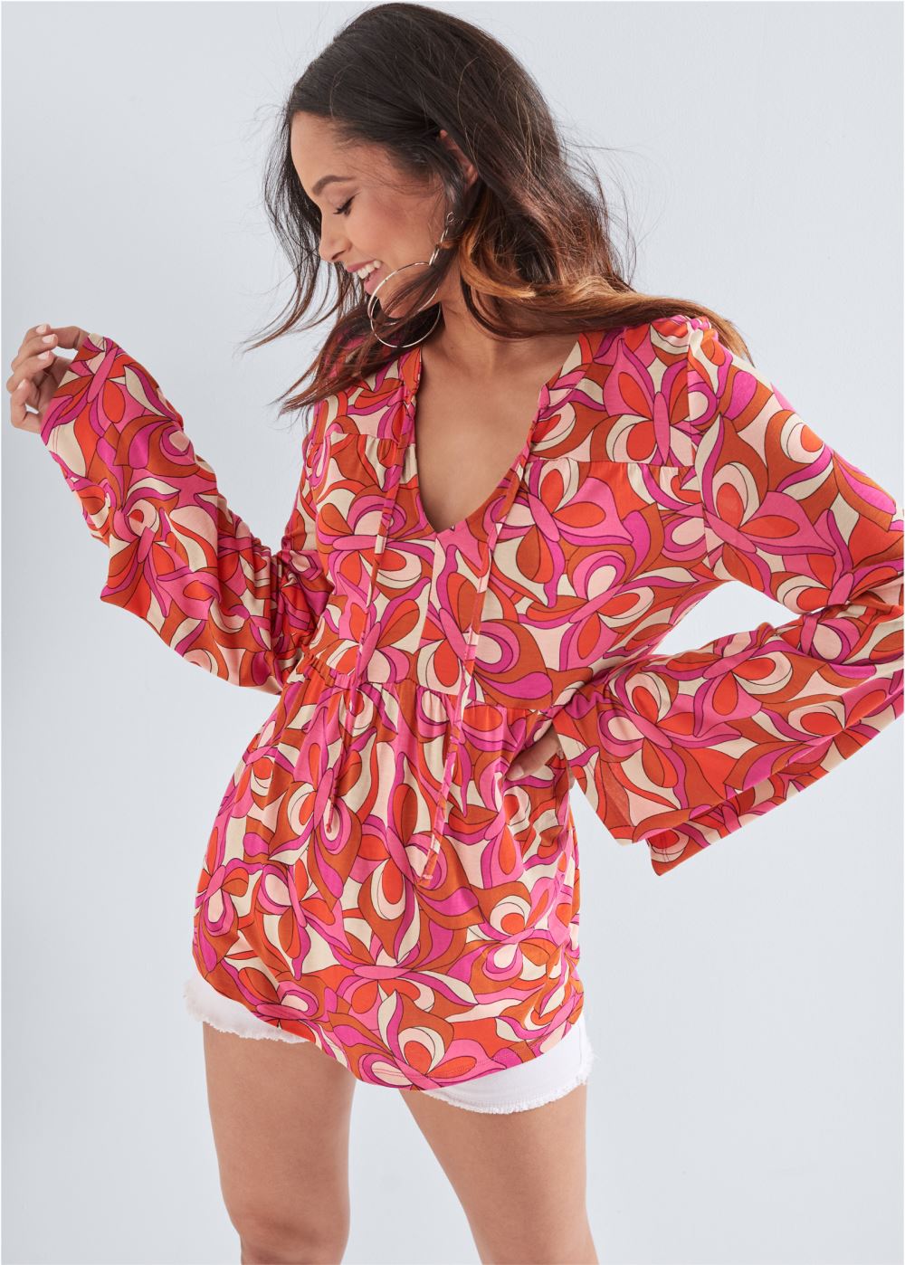 Venus Printed Bell Sleeve Top in Pink Multi