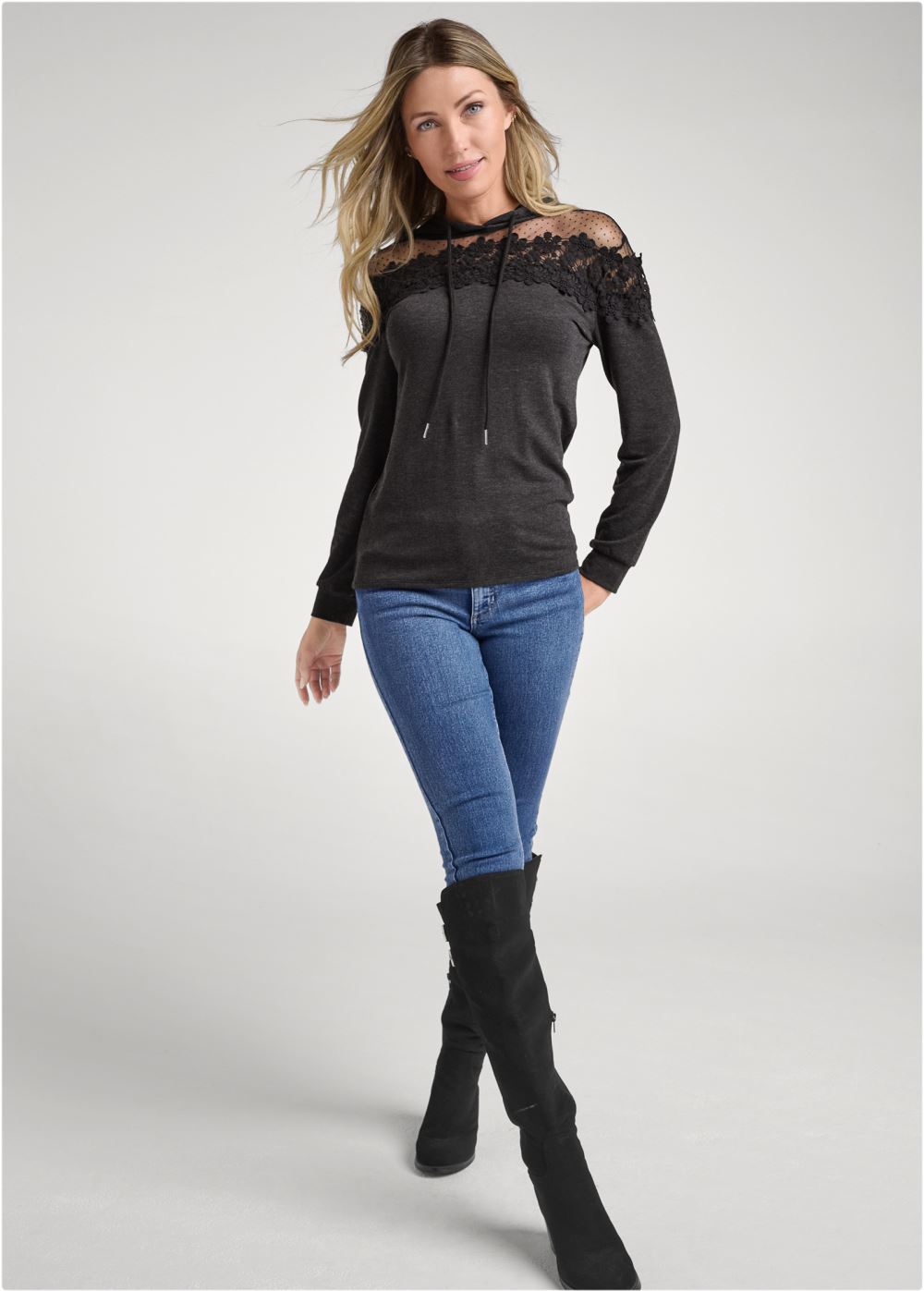 Venus Mesh And Lace Sweatshirt in Black