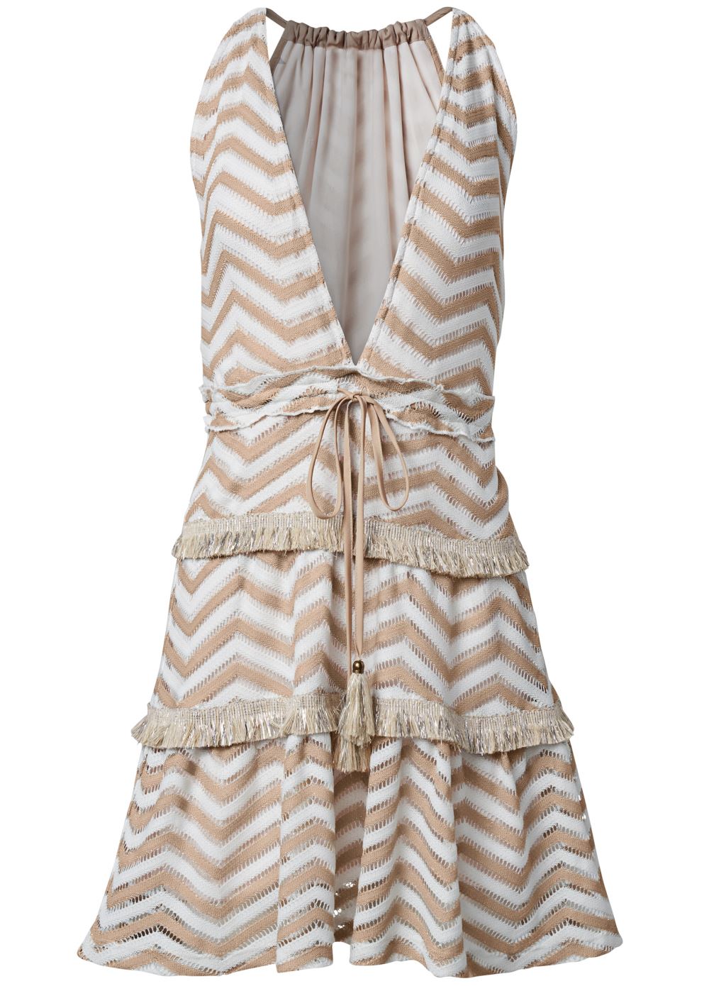 Venus Plunging Tiered Dress - Taupe & White