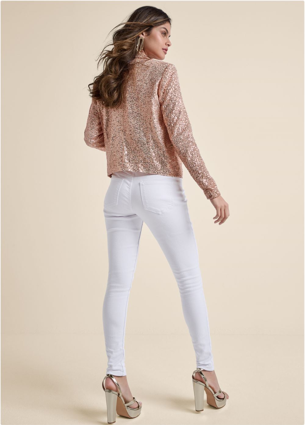 Venus Zip-Front Sequin Jacket in Rose Gold