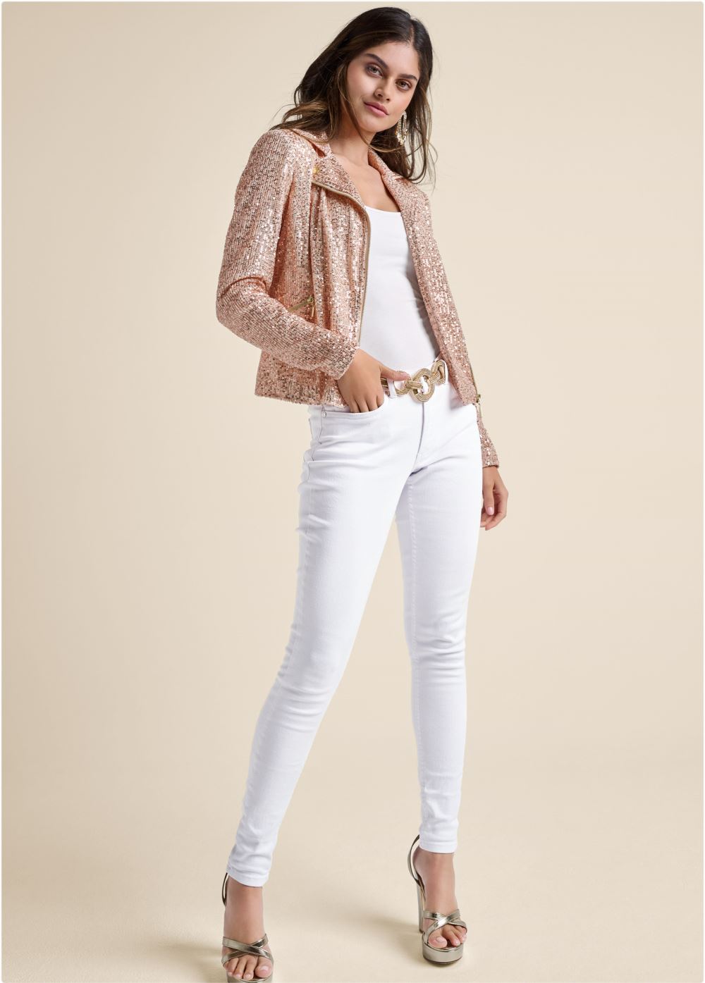 Venus Zip-Front Sequin Jacket in Rose Gold