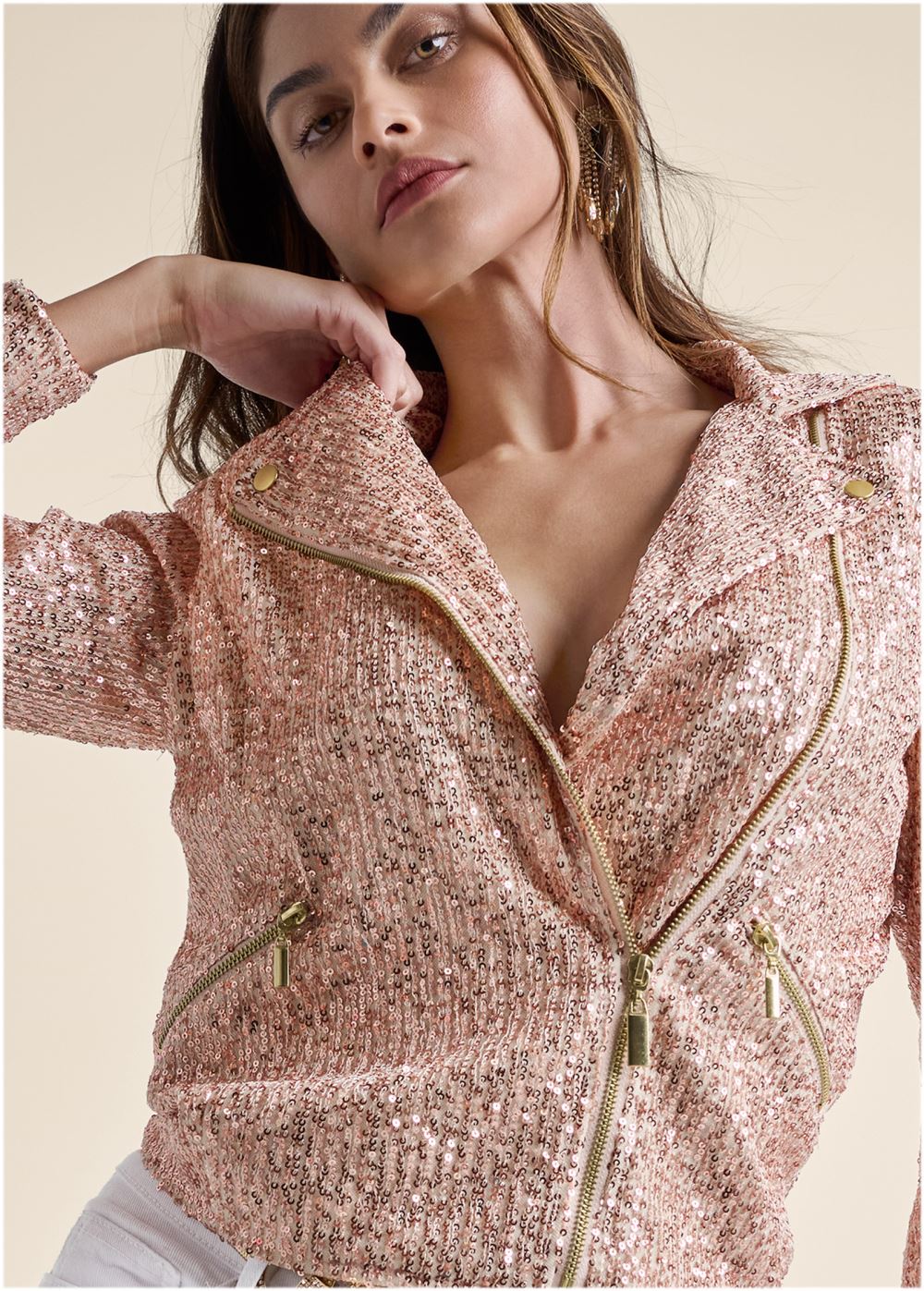 Venus Zip-Front Sequin Jacket in Rose Gold