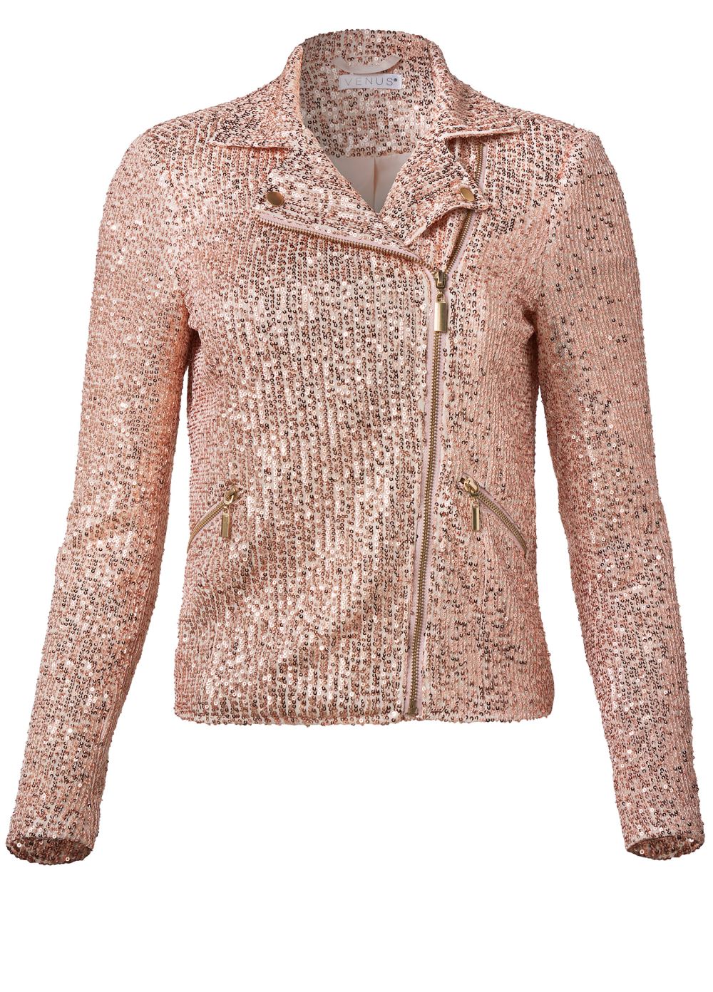 Venus Zip-Front Sequin Jacket in Rose Gold