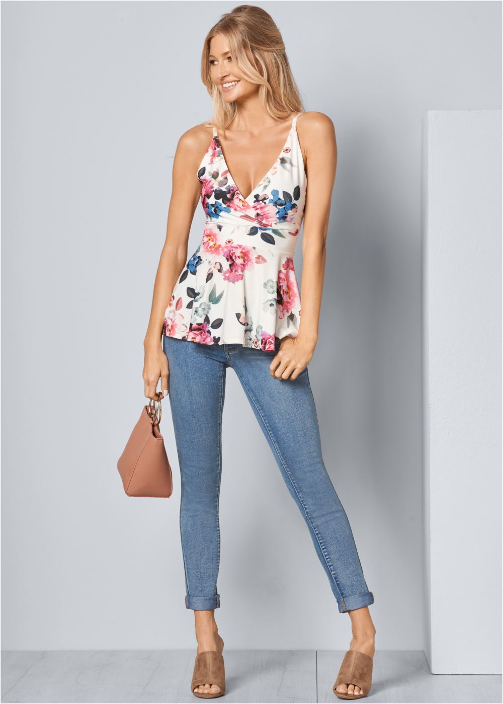Venus Floral Peplum Top in White Multi