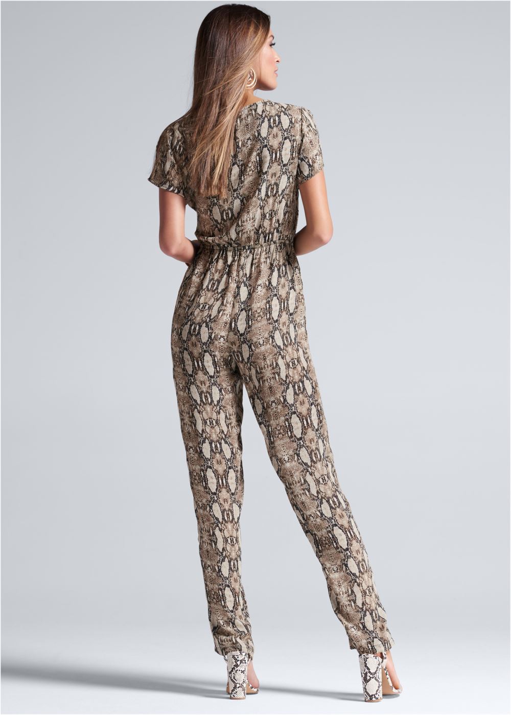 Venus Tie-Front Python Jumpsuit in Taupe Multi