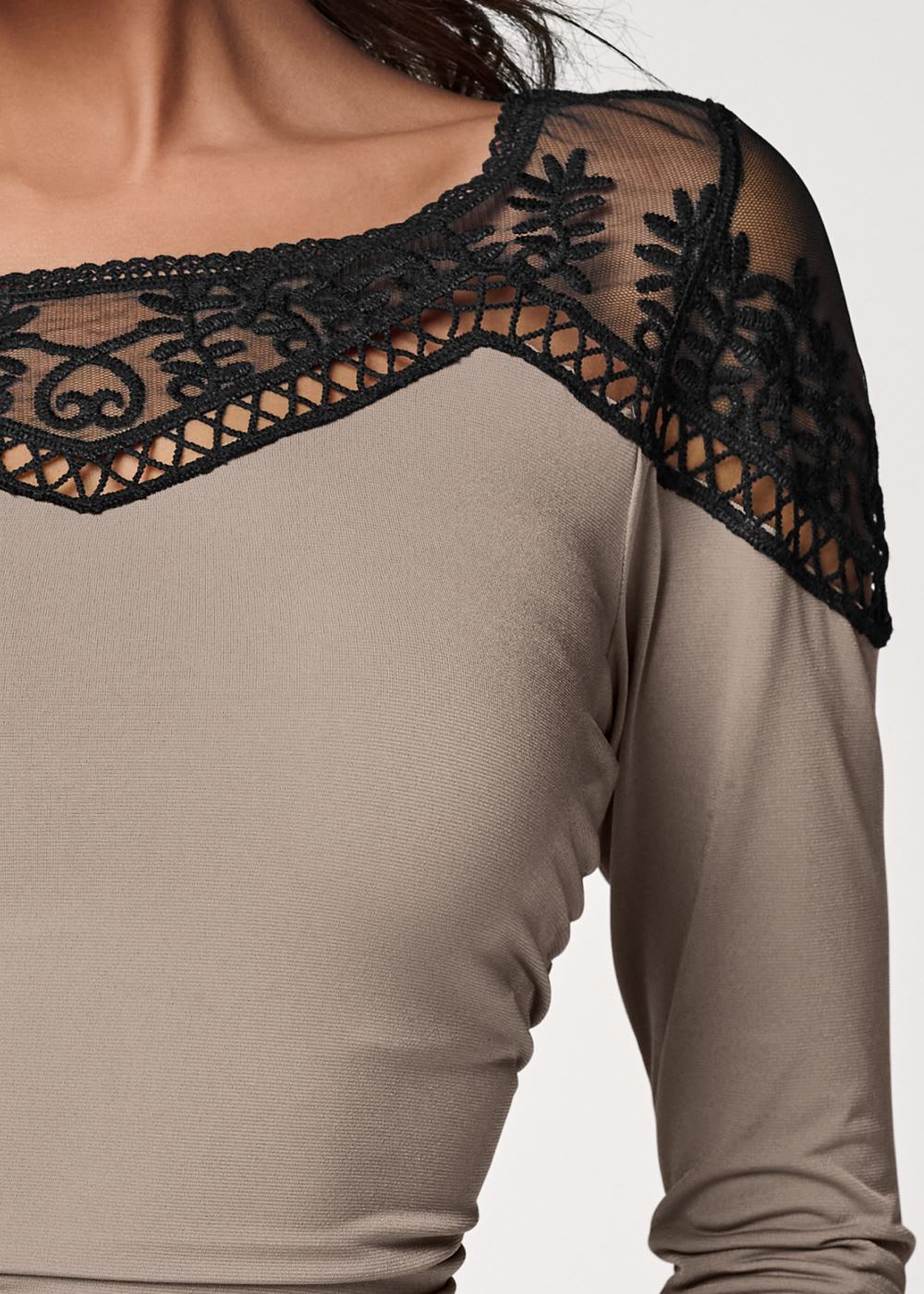 Venus Lace Neckline Ruched Top in Beige Multi