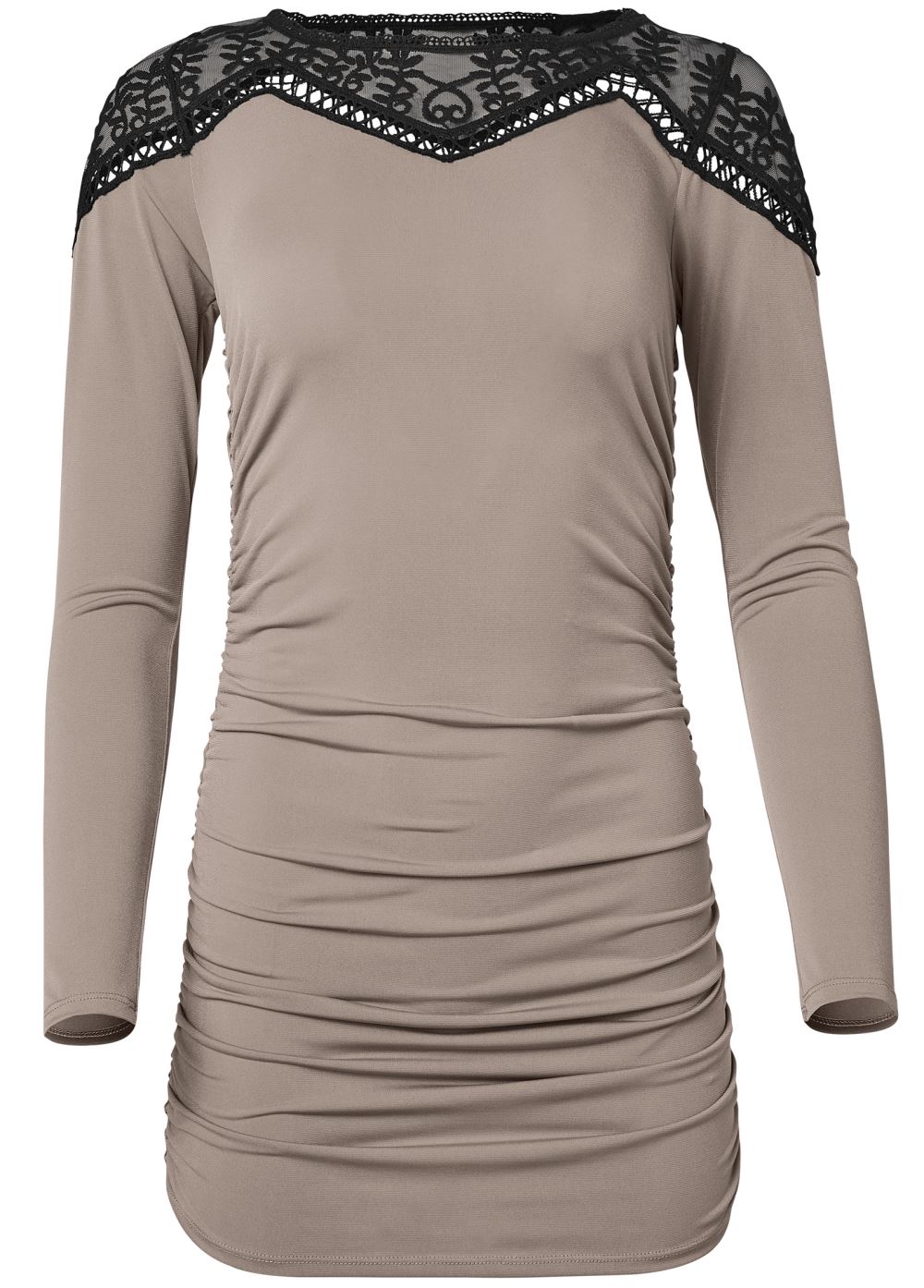 Venus Lace Neckline Ruched Top in Beige Multi