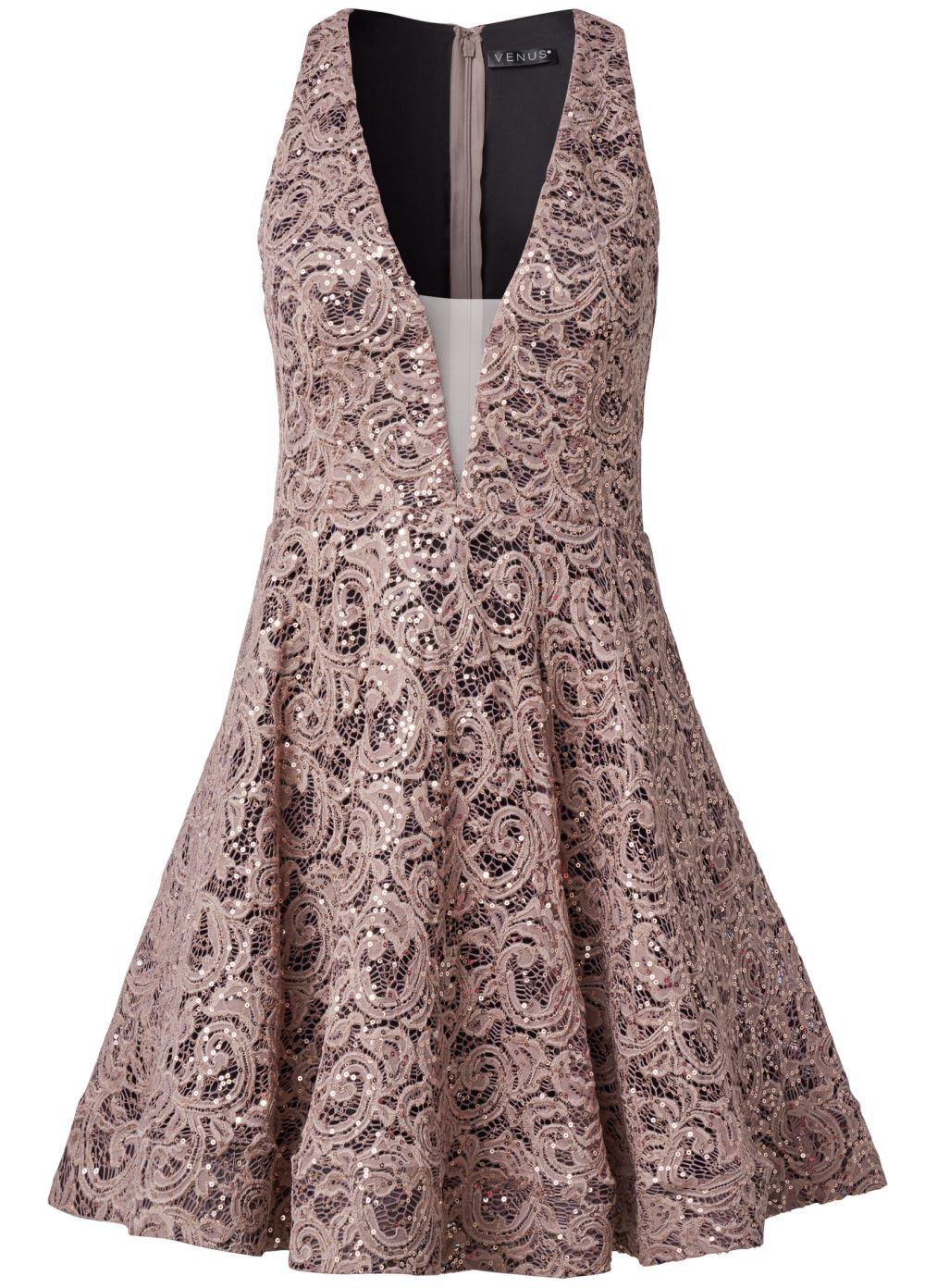 Venus Sequin Lace A-Line Dress - Black & Taupe